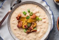 Smoky Bacon Beer Cheese Soup, Crowned with Golden Potato Croutons