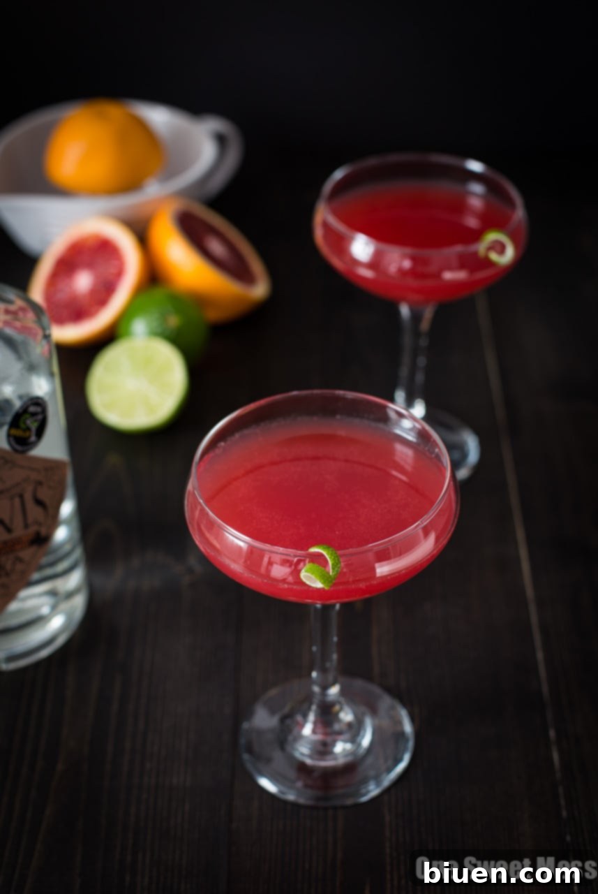 Blood Orange Cosmo Cocktail in a martini glass with a vibrant pink color, ready to be served.