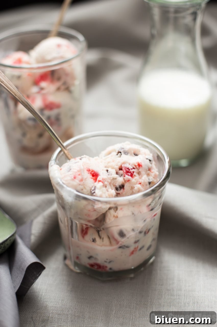 Bowl of Cherry Chocolate Chip Ice Cream with spoons