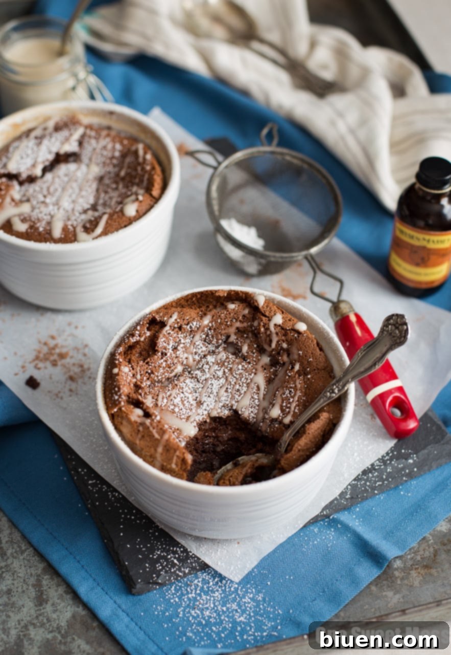 Chocolate Almond Souffles with Amaretto Glaze - A beautifully risen soufflé