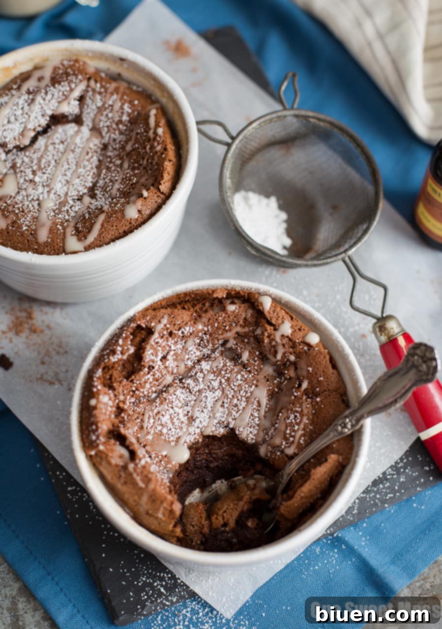 Chocolate Almond Souffles with Amaretto Glaze - A soufflé with glaze