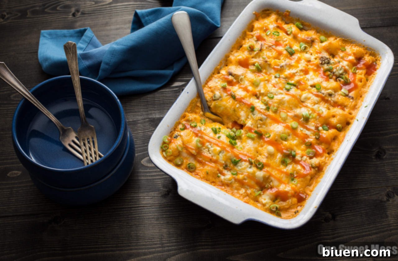Close-up of a plate piled high with delicious Buffalo Chicken Mac and Cheese