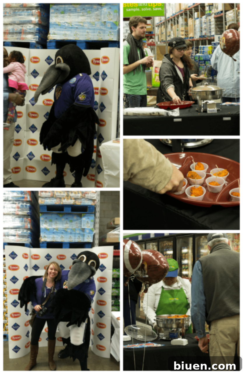 Poe, the Baltimore Ravens mascot, interacting with guests at Tyson's Game Day Event