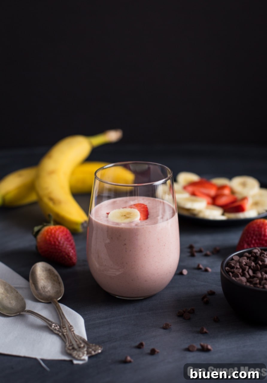 Ingredients for Strawberry Banana Blender Pudding on a cutting board