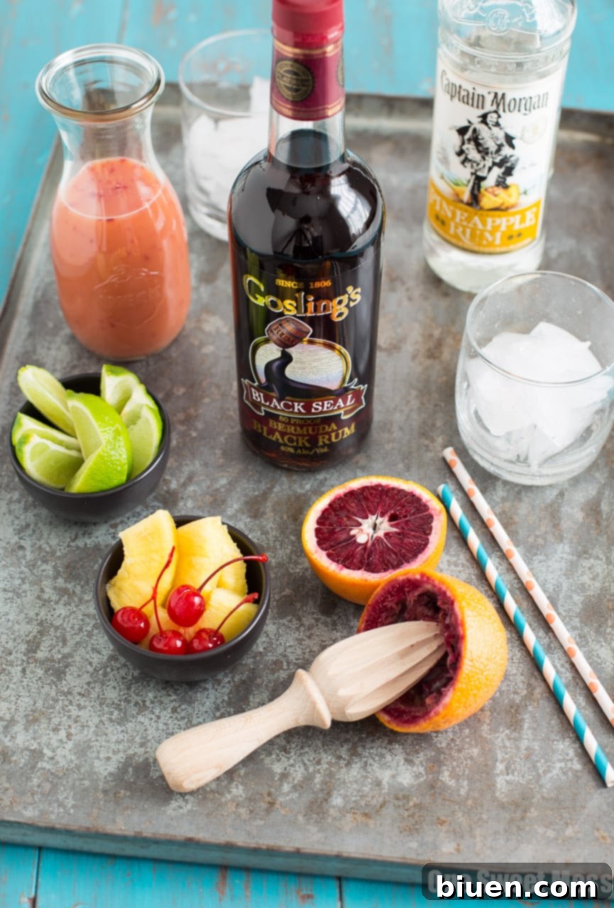 Blood Orange Coconut Mai Tai for Thirsty Thursday 4 Fresh ingredients laid out for a Blood Orange Coconut Mai Tai, featuring whole blood oranges, rum bottles, pineapple, and juice containers.