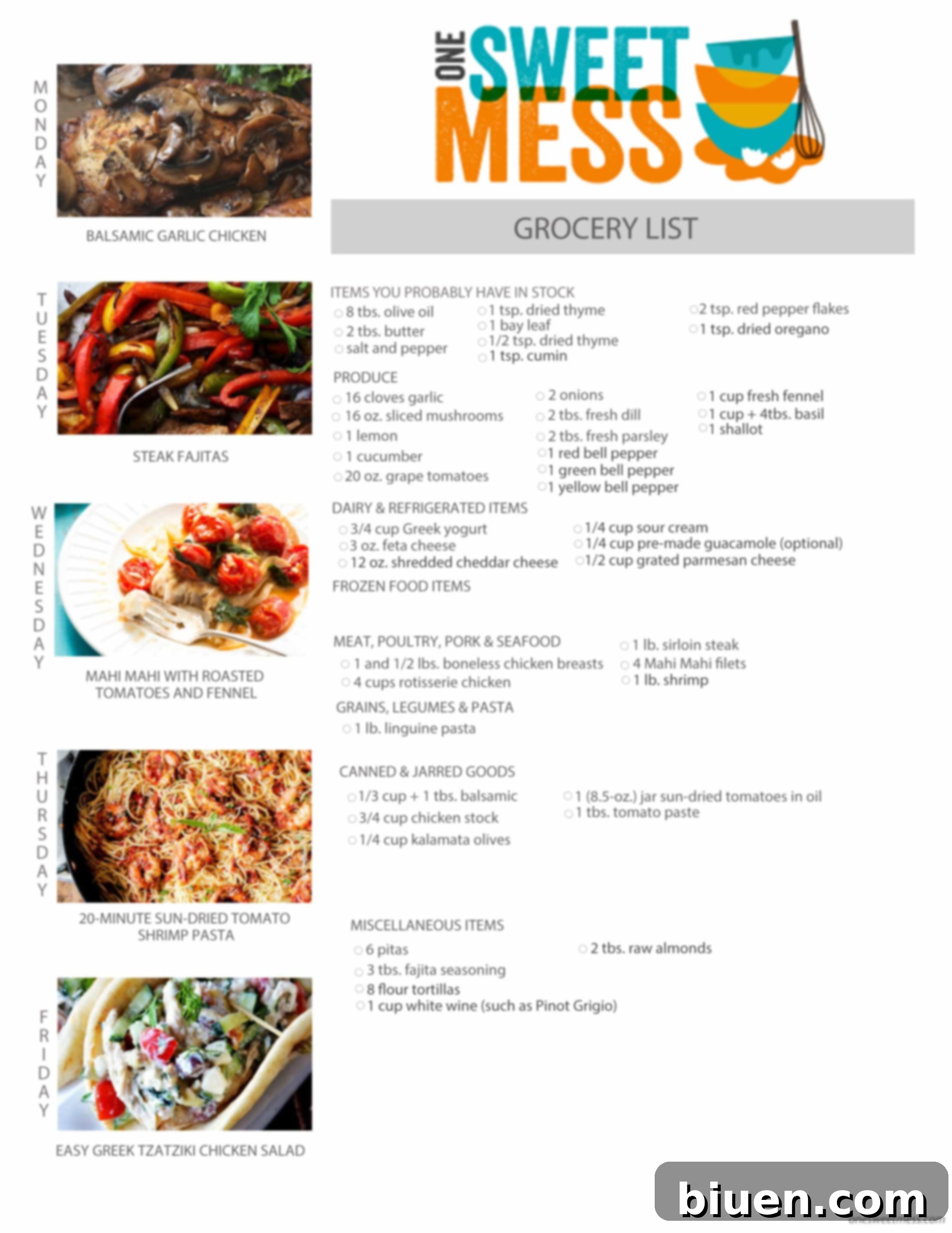 Printable Weekly Meal Plan and Grocery List for February 29th, 2016