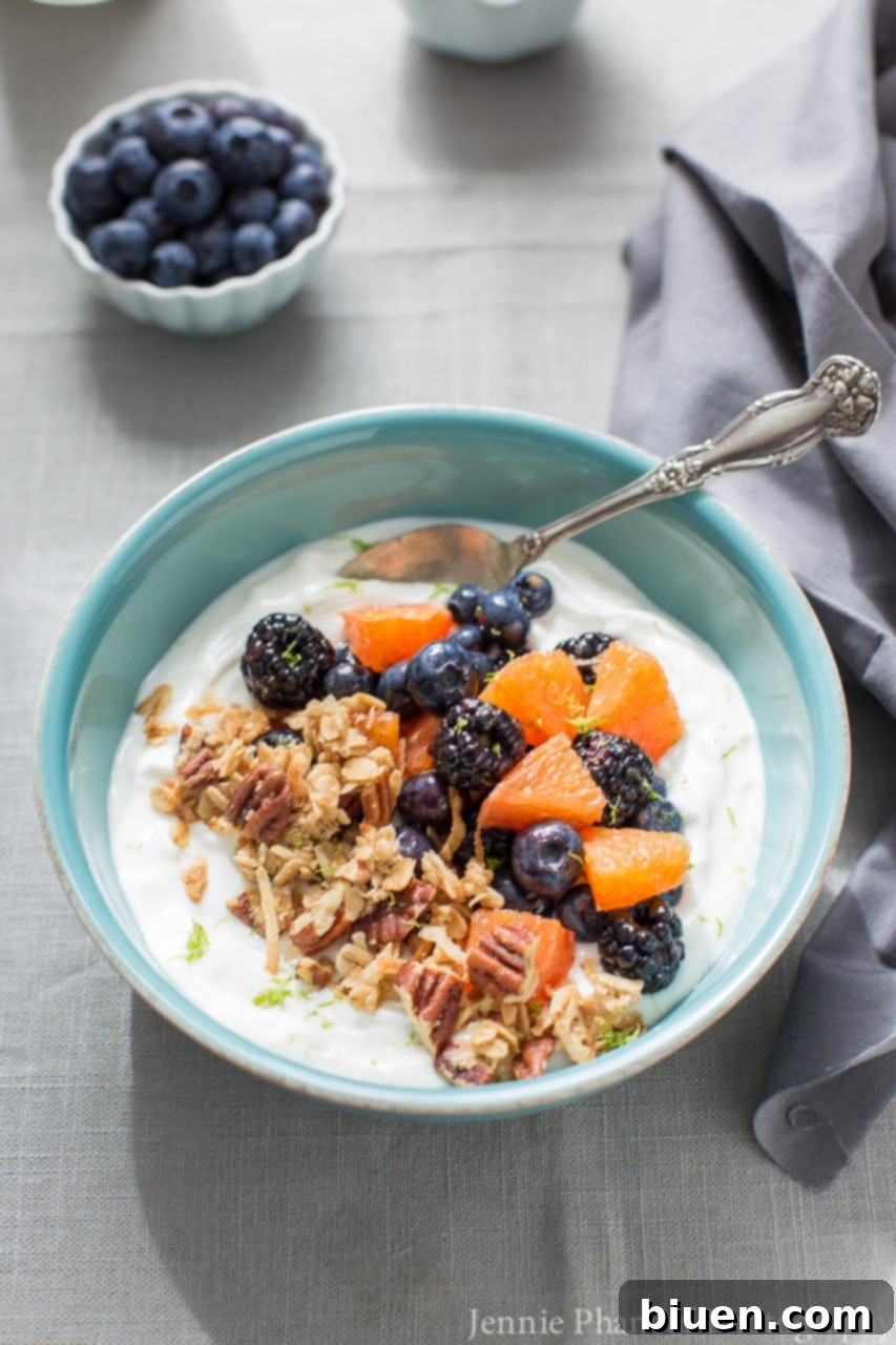 Honey-Lime Fruit and Yogurt Bowl - A vibrant breakfast with fresh fruit and creamy Greek yogurt