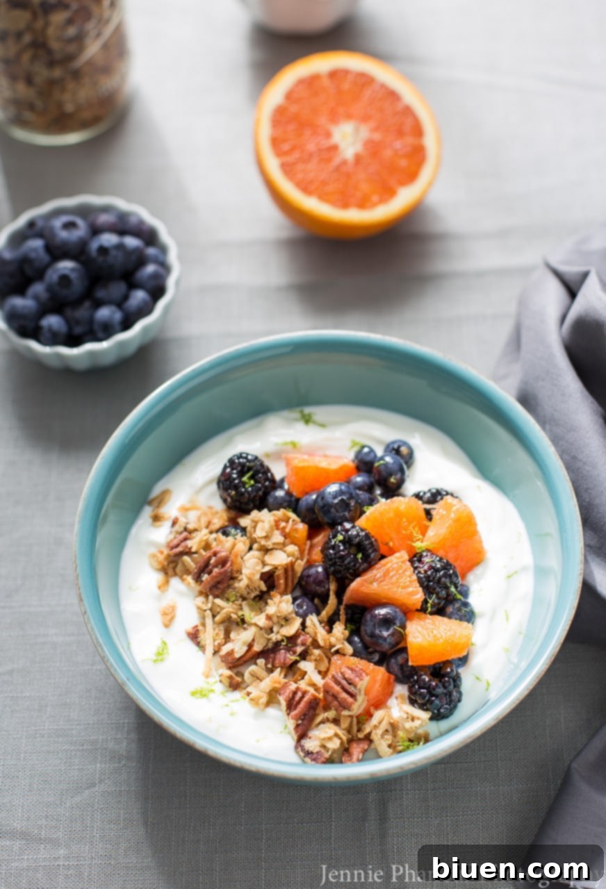 Honey-Lime Fruit and Yogurt Bowl - Close up of a healthy breakfast bowl