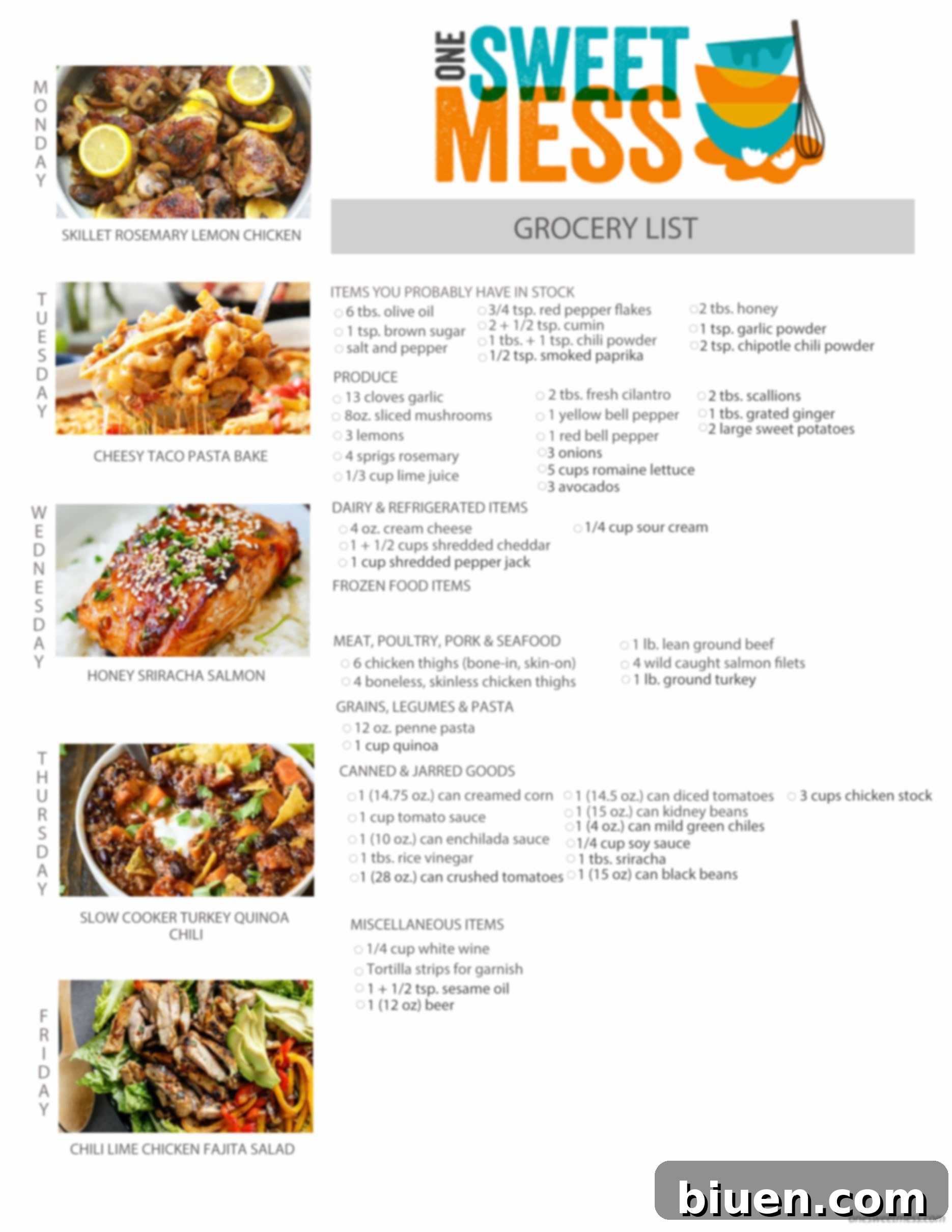 Week of March 7th, 2016 Weekly Meal Plan + Printable Grocery List