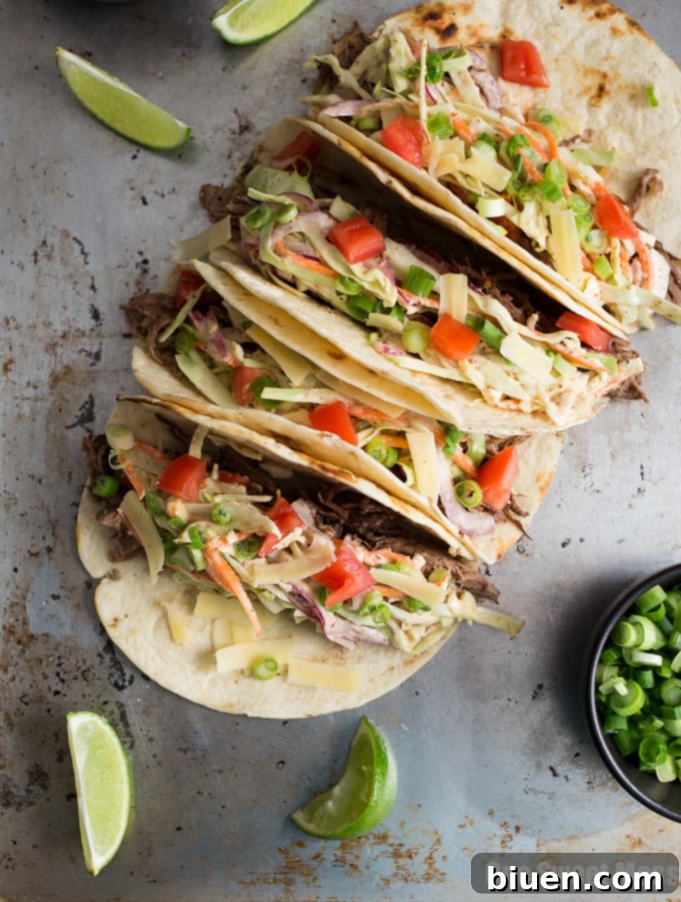 Guinness Shredded Beef Tacos with Mustard Slaw