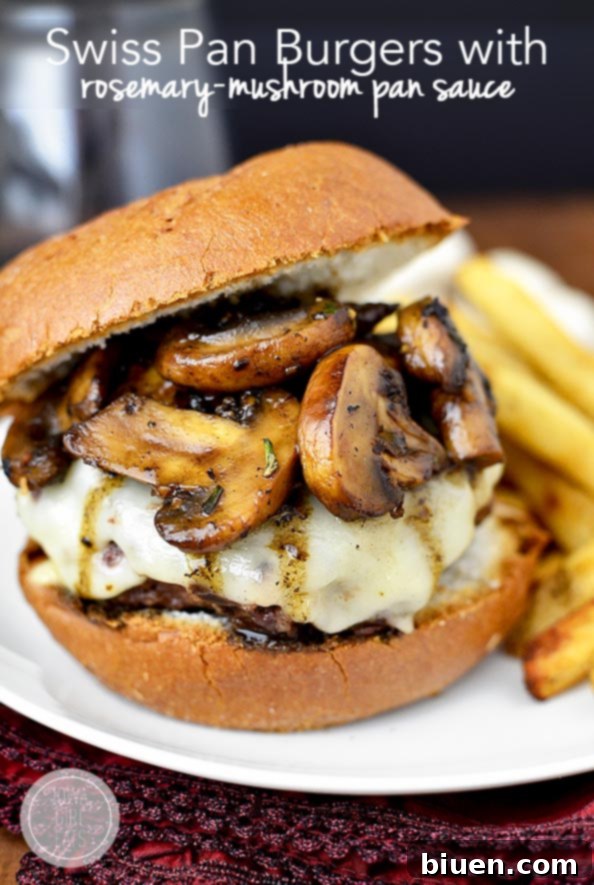 Swiss Pan Burgers with Rosemary Mushroom Sauce