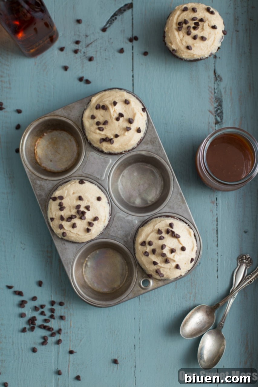 Four Chocolate Stout Cupcakes with Whiskey Caramel Buttercream