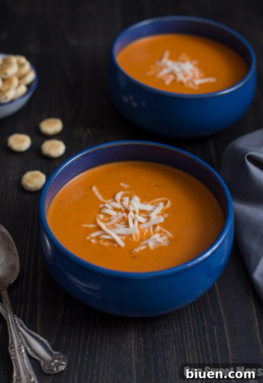 Rich and creamy Roasted Red Pepper Smoked Gouda Soup