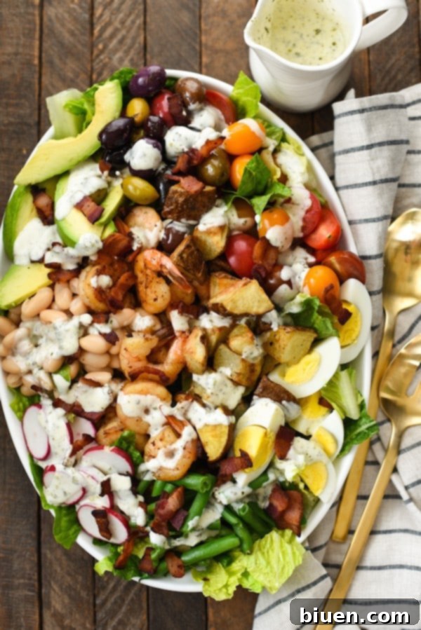 Nutritious and Filling Mega Chopped Salad with Shrimp and Roasted Potatoes