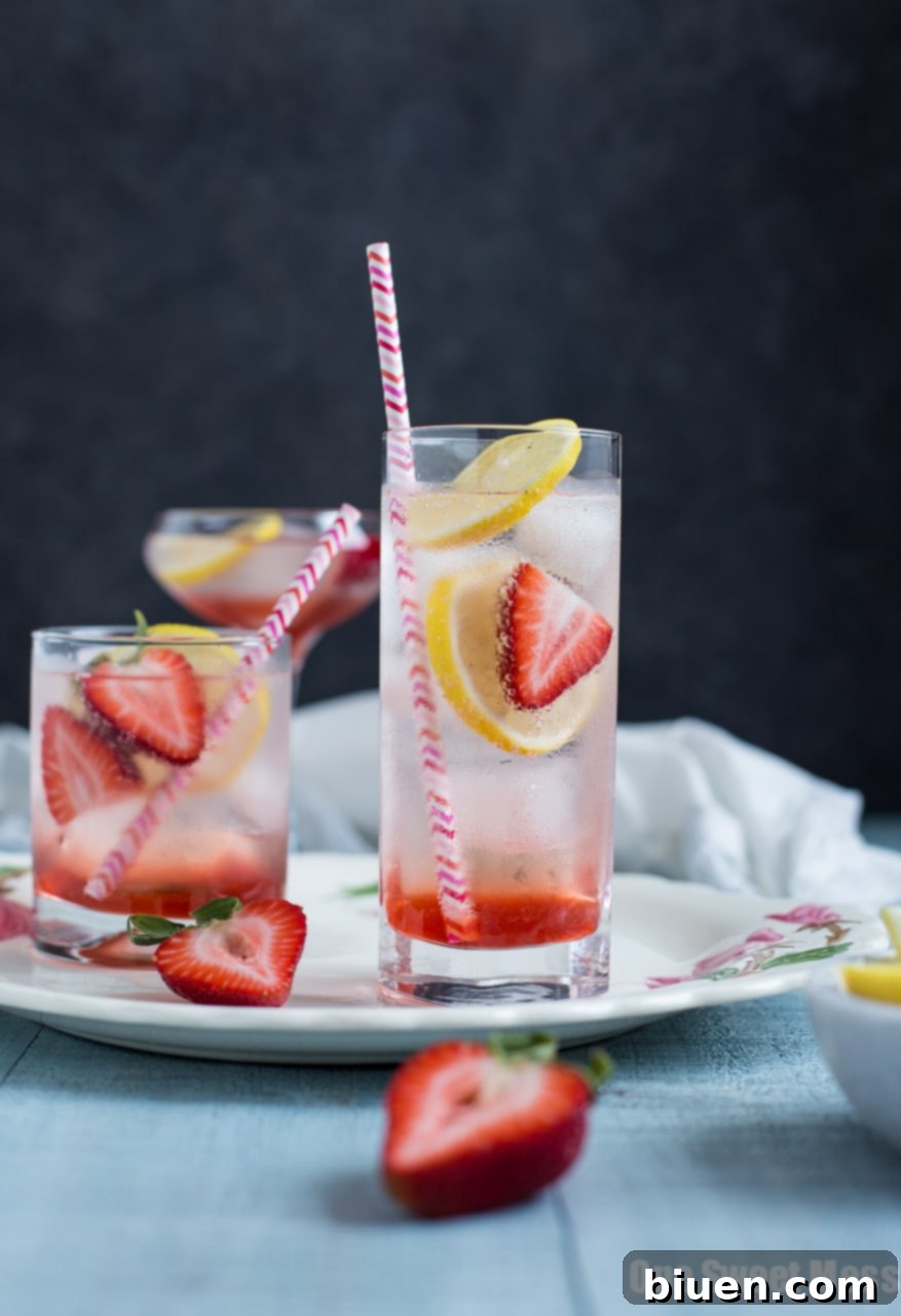 Strawberry Lemon Gin Fizz: This refreshing cocktail combines sweet strawberry syrup, tart lemon juice, and herb-infused gin. Get ready to rock summer!