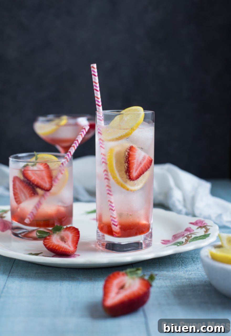 Strawberry Lemon Gin Fizz: This refreshing cocktail combines sweet strawberry syrup, tart lemon juice, and herb-infused gin. Get ready to rock summer!