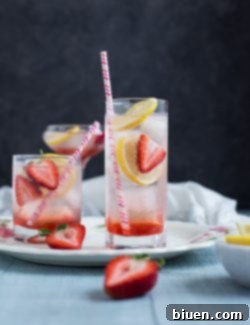 Finished Strawberry Lemon Gin Fizz cocktail with garnishes.