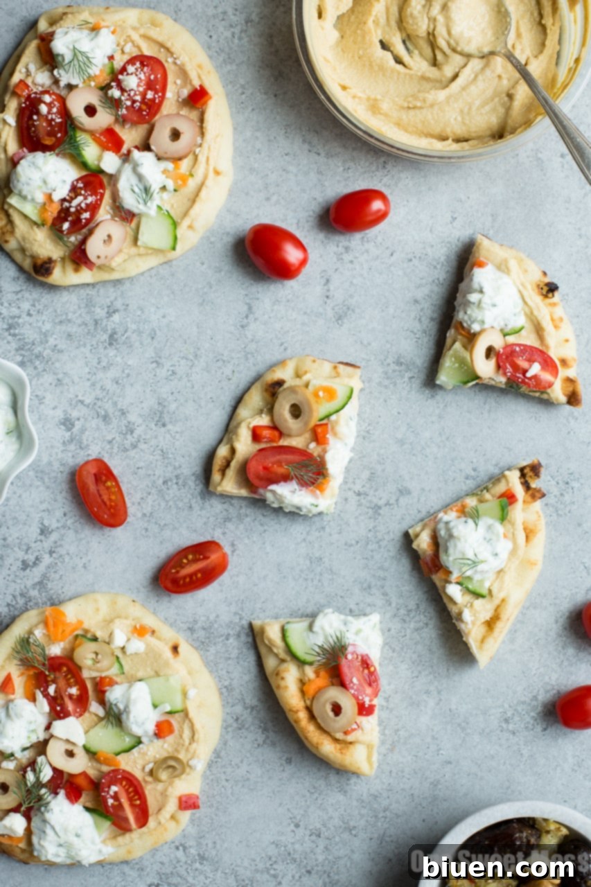 Veggie-Loaded Flatbread Pizza with Hummus and Tzatziki (No-Bake)