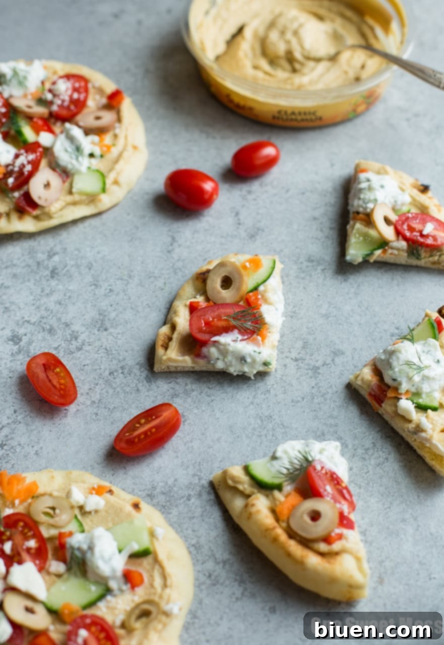 Veggie-Loaded Flatbread Pizza with Hummus and Tzatziki (No-Bake)