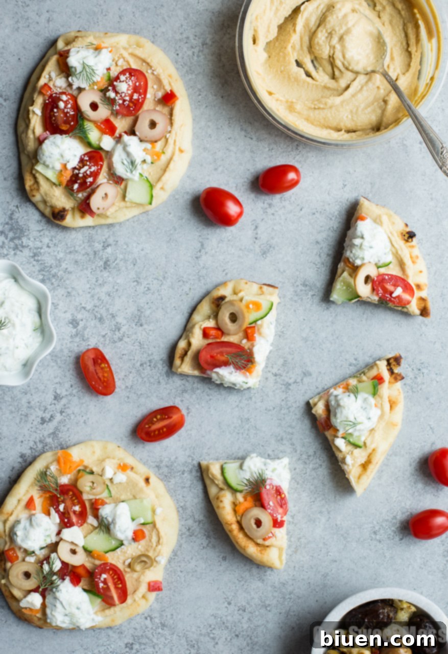 Veggie-Loaded Flatbread Pizza with Hummus and Tzatziki (No-Bake)