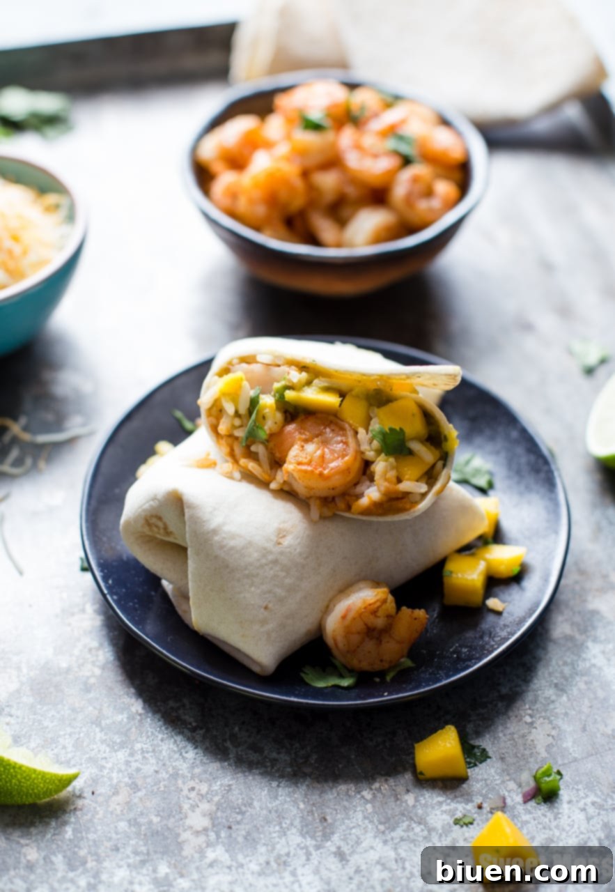 Close-up of a finished Shrimp Burrito with Guacamole and Salsa