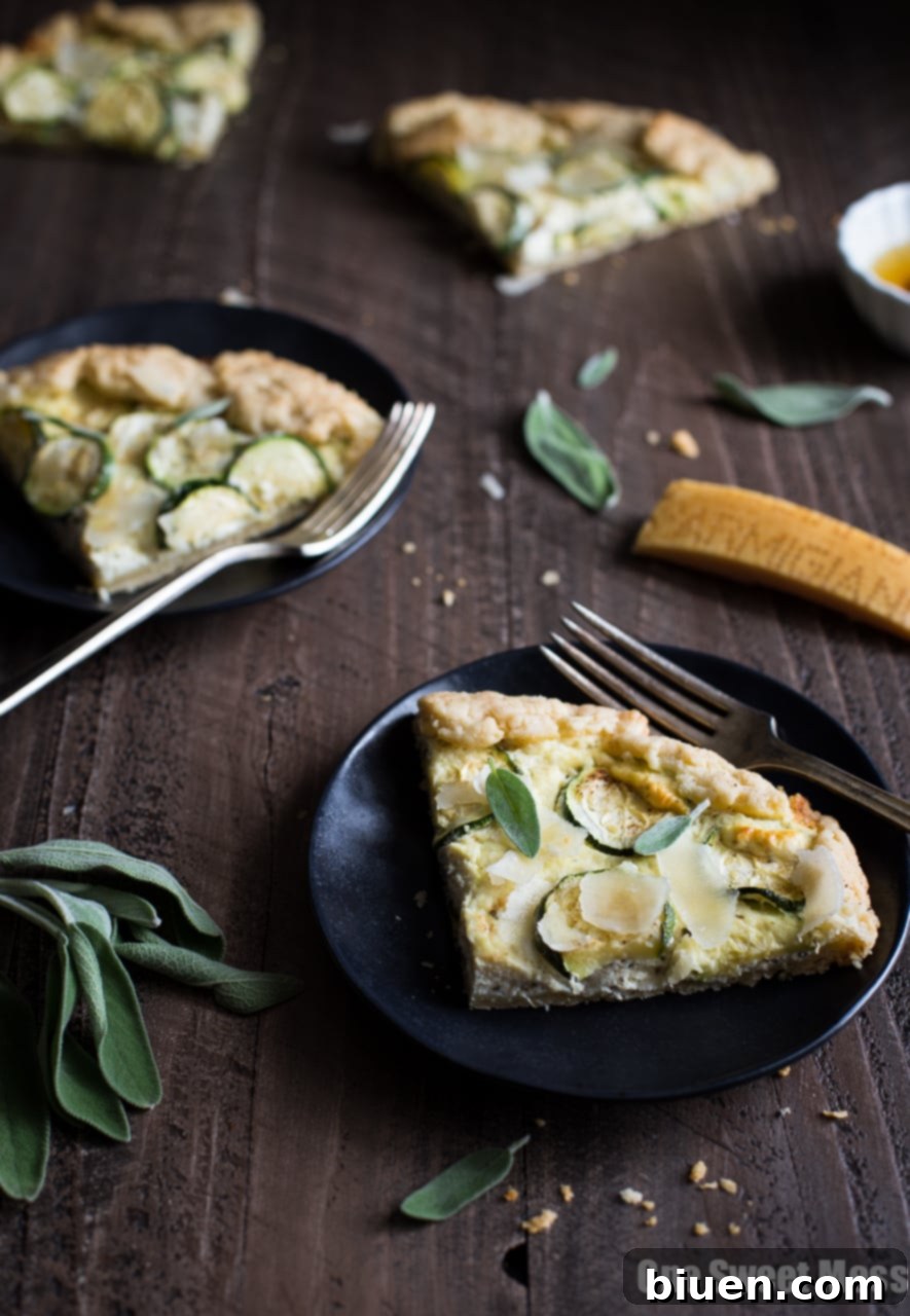 Ingredients for Summer Squash & Ricotta Galette, including fresh sage, butter, squash, and cheeses
