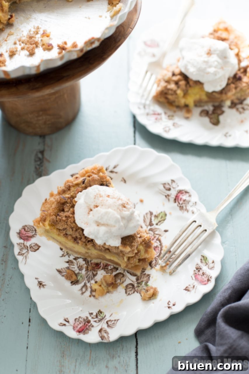 Close-up of a beautifully baked Apple Custard Pie, showcasing its golden crust and delicious filling.