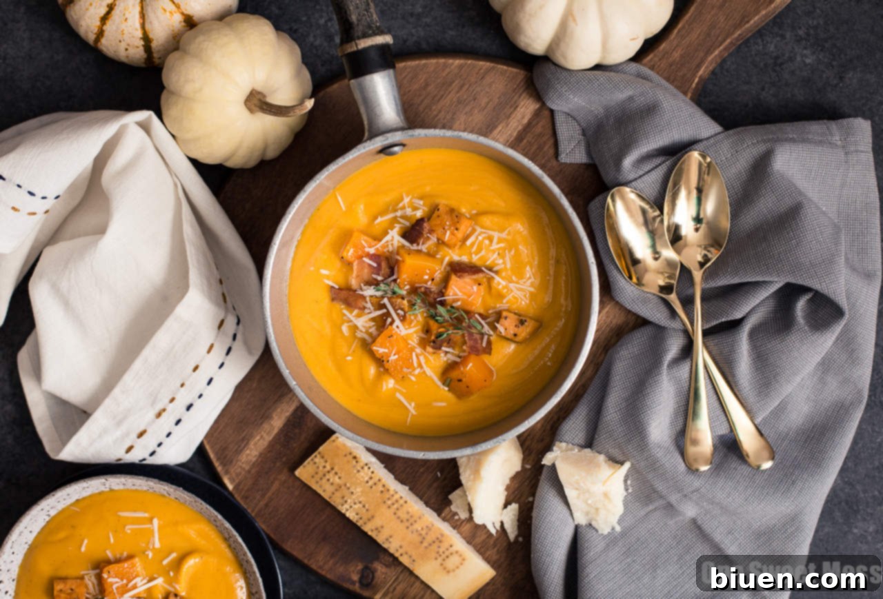 Serving bowl of Roasted Butternut Squash & Sweet Potato Soup on a rustic table