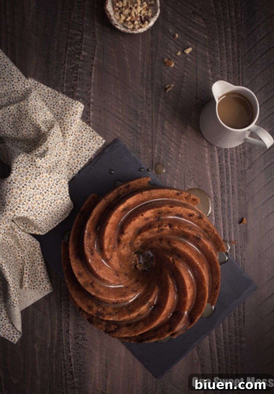 Cinnamon Brown Sugar Bundt Cake with Butterscotch Rum Glaze - Close-up of the textured cake