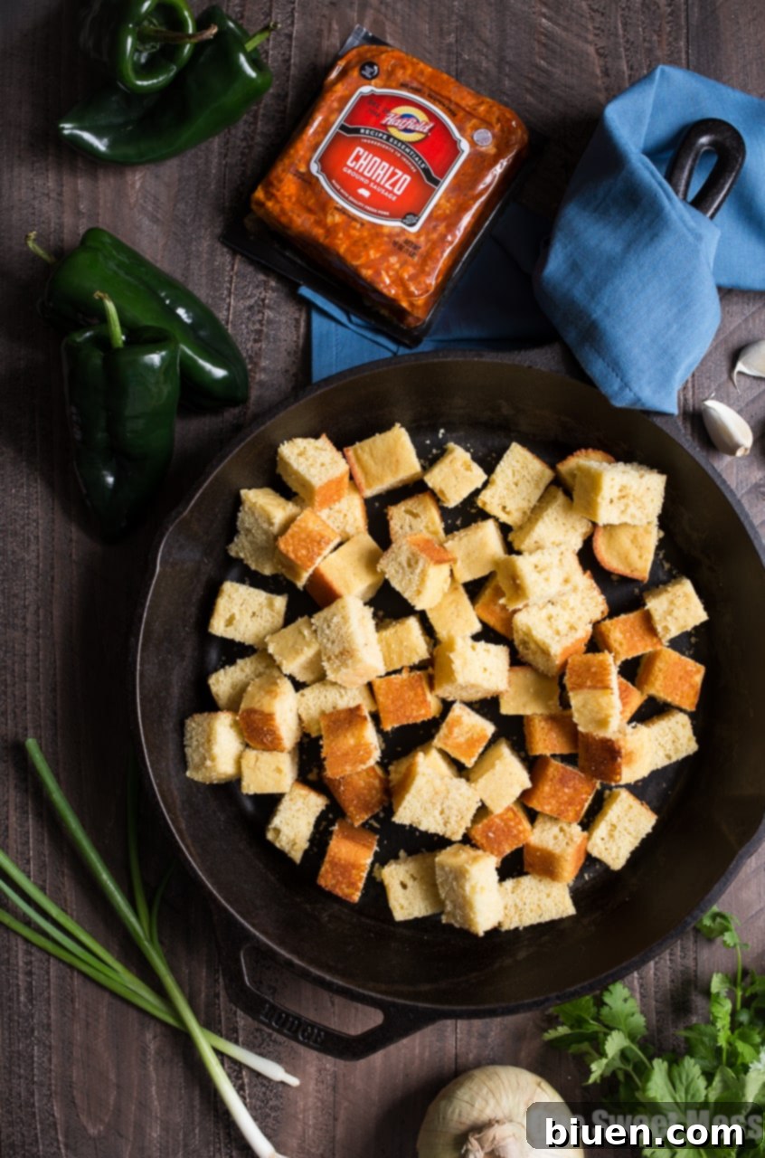 Roasted Poblano Chorizo Cornbread Stuffing