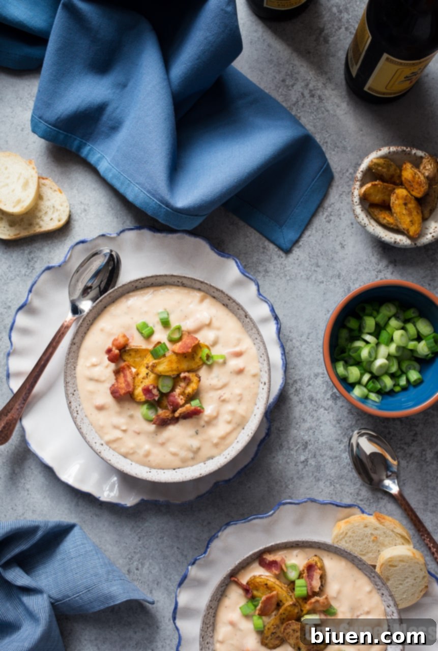 Bacon Beer Cheese Soup with Crispy Potato Croutons