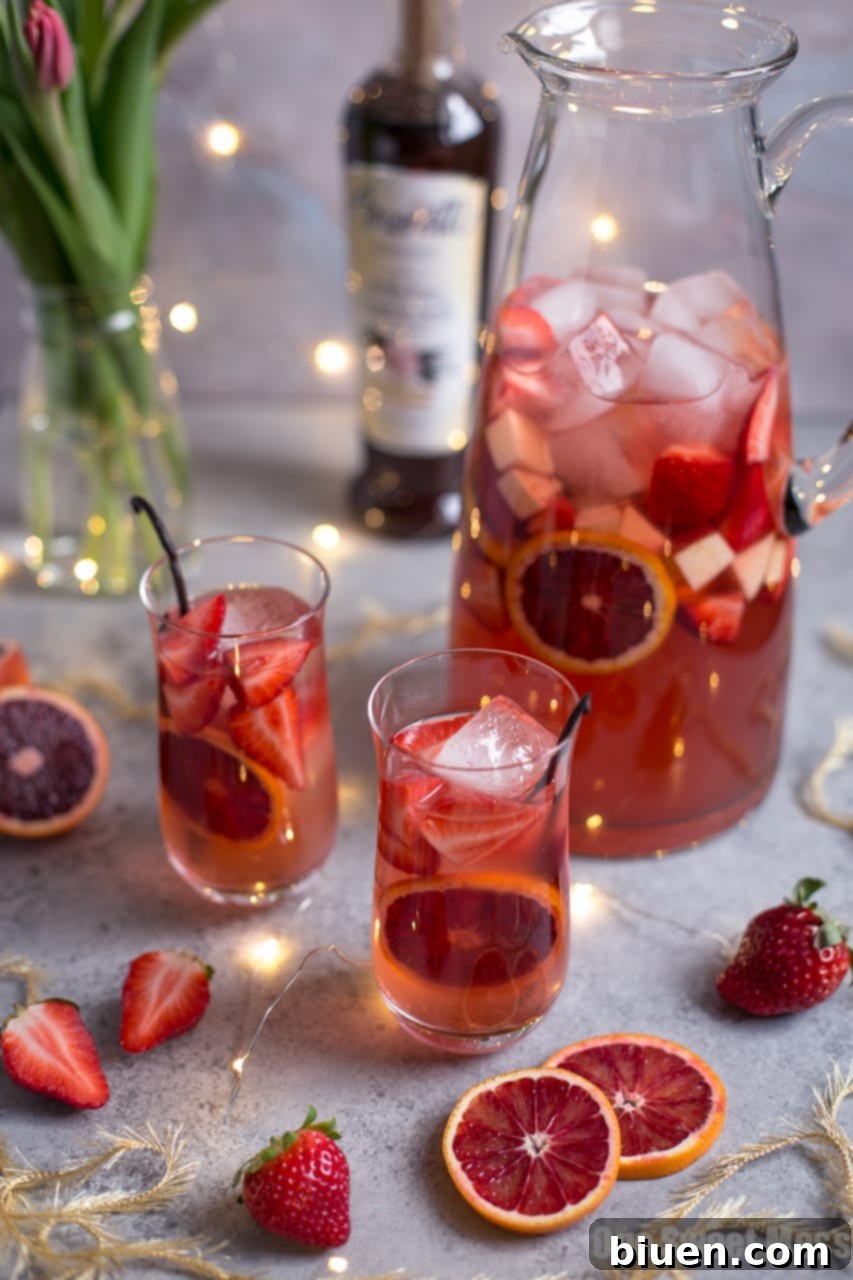 A beautiful pitcher of Blood Orange Vanilla Bean Rosé Sangria next to two filled glasses