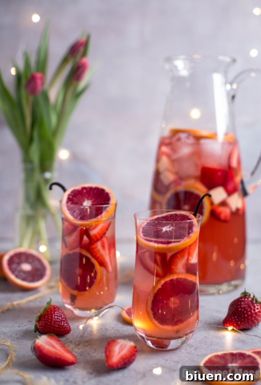 Delicious Blood Orange Vanilla Bean Rosé Sangria in glasses on a table, ready to be served