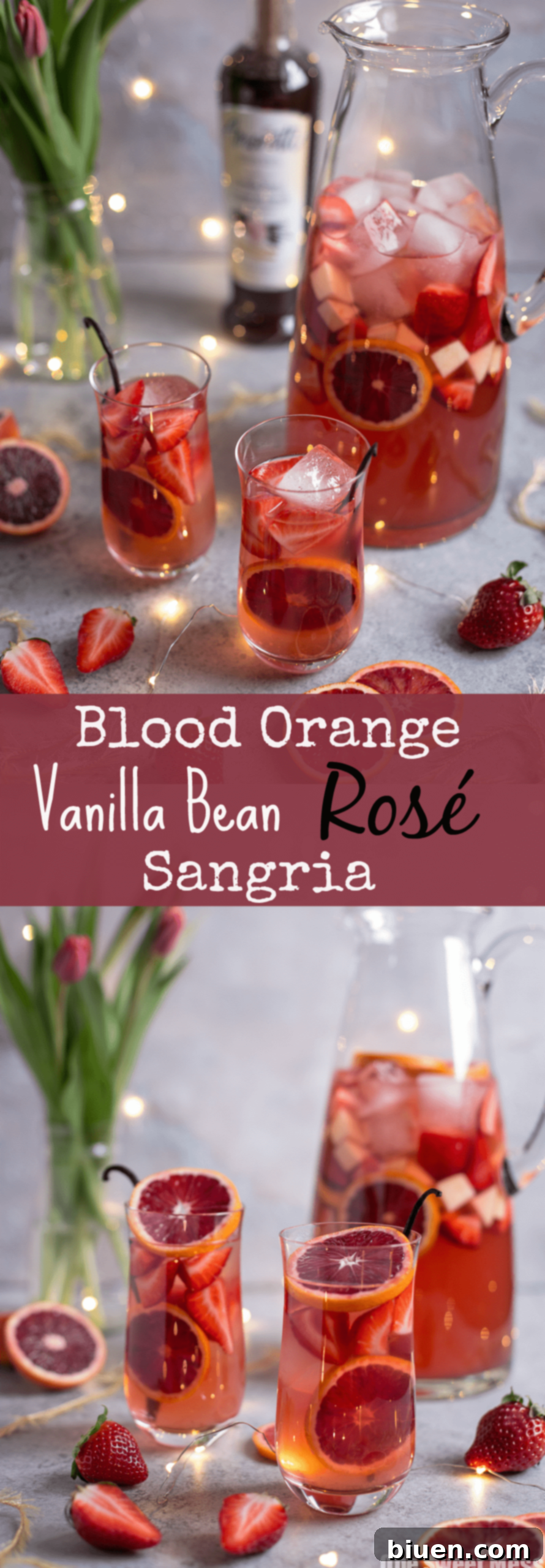 Pinterest graphic for Blood Orange Vanilla Bean Rosé Sangria, encouraging sharing
