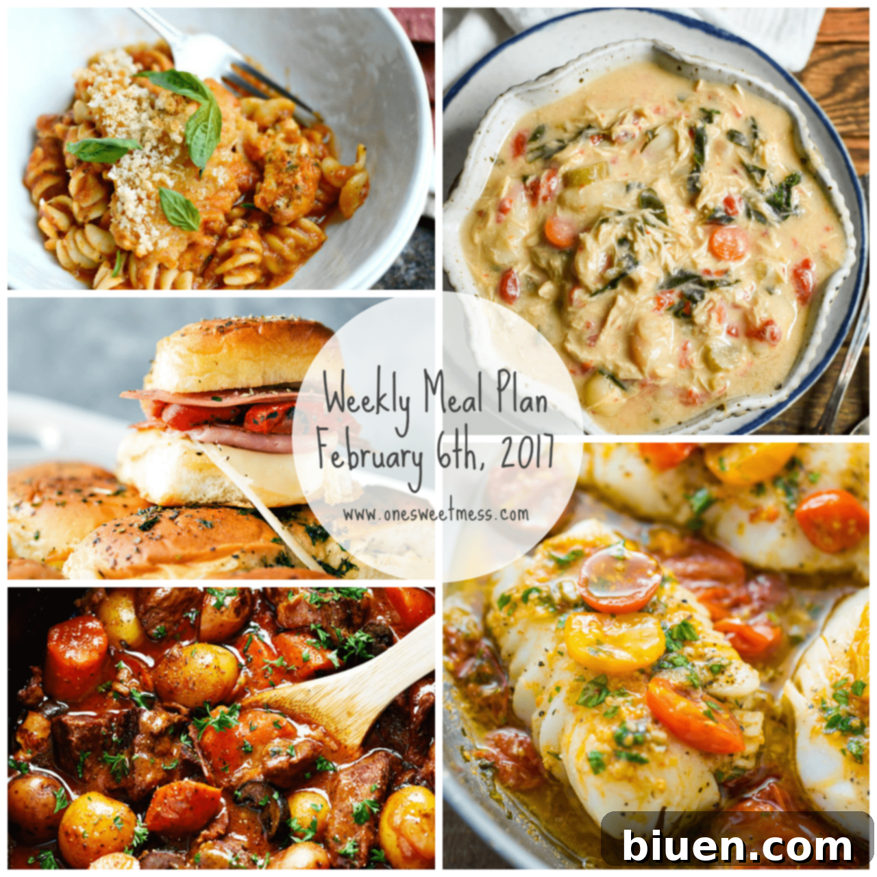 Weekly Meal Plan Banner: Week of February 6th, 2017, featuring various delicious dishes and a grocery list icon.