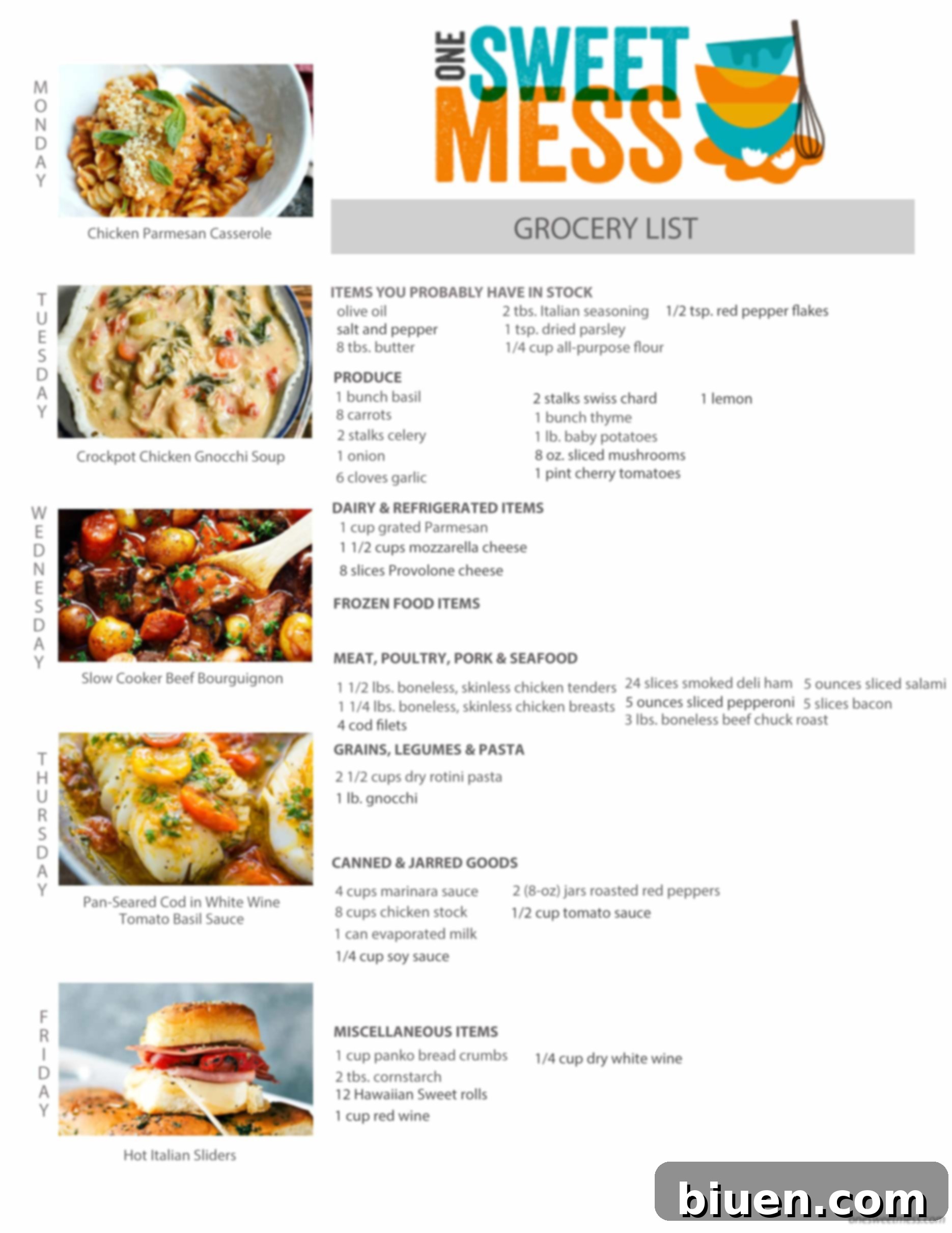 Printable Weekly Meal Plan and Grocery List for February 6th, 2017, showcasing organized categories for shopping.