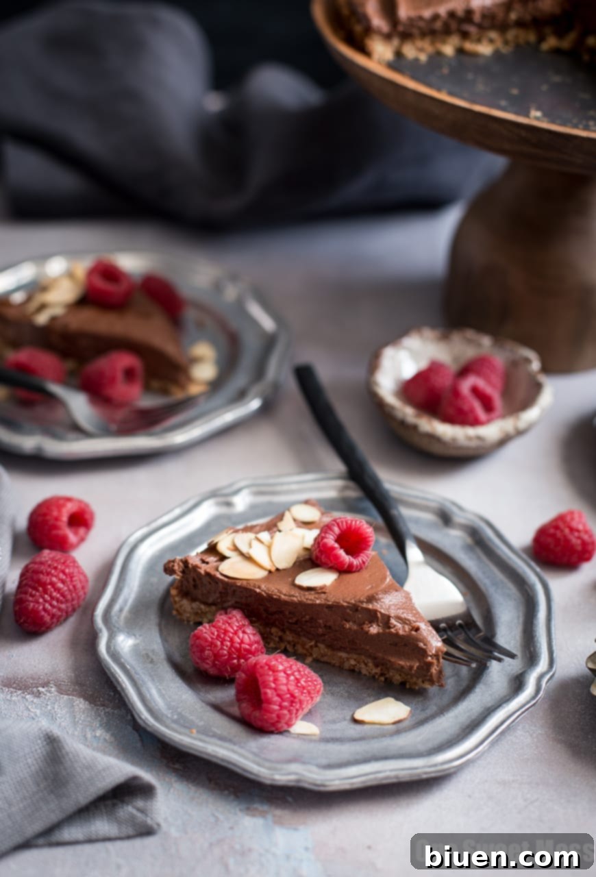 Decadent Vegan Gluten-Free Dark Chocolate Almond Tart 3 Close-up of a slice of Dark Chocolate Almond Tart, showcasing its rich chocolate filling and crunchy almond crust. This treat is vegan, gluten-free, and dairy-free.