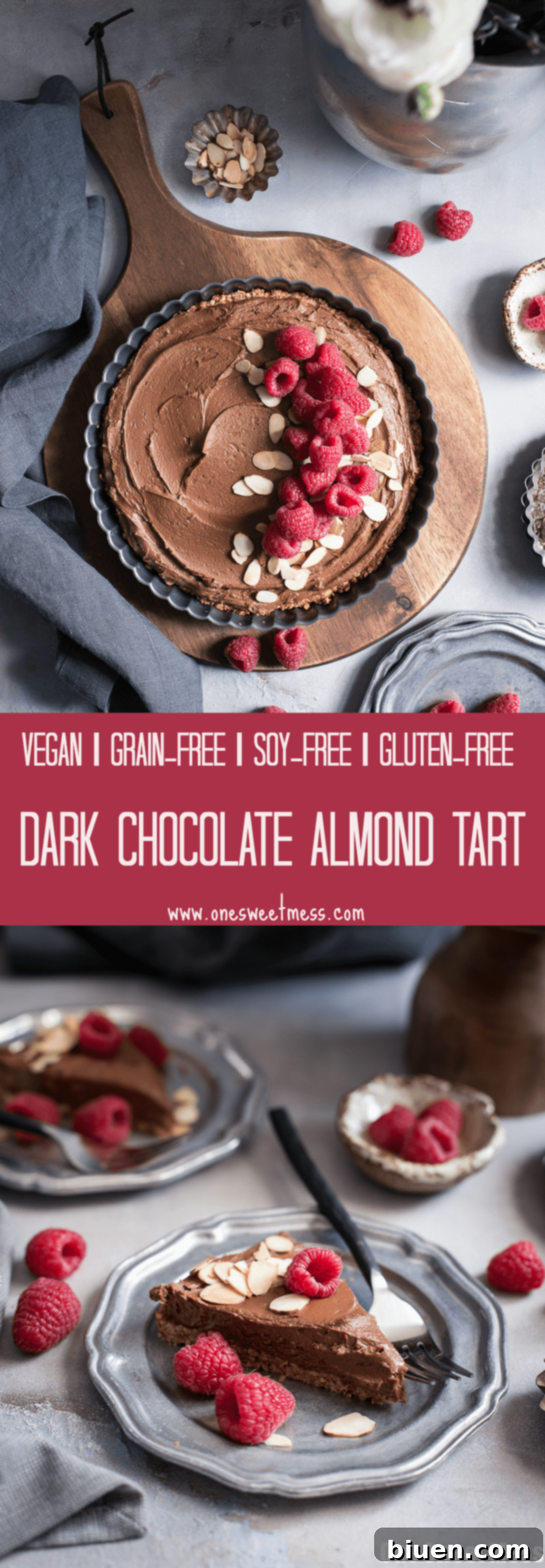 Decadent Vegan Gluten-Free Dark Chocolate Almond Tart 8 Pinterest graphic for Dark Chocolate Almond Tart: This rich, creamy, ultra chocolate-y tart is vegan, gluten-free, grain-free, soy-free, and egg-free. This decadent tart is perfect for Valentine's Day or any special occasion.