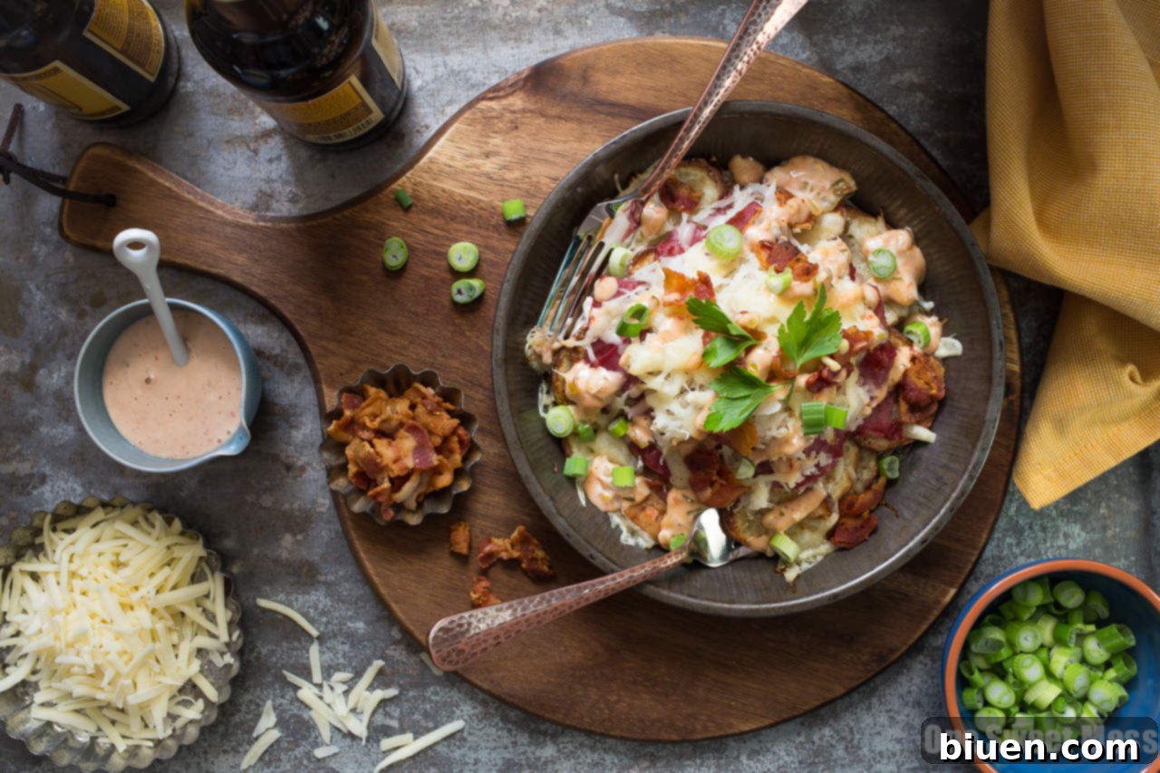 Loaded Reuben Irish Nachos 4 Reuben Irish Nachos baked to perfection with melted cheese