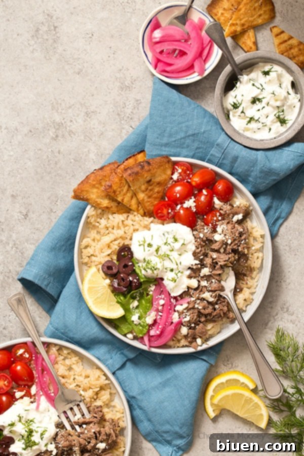 Flavorful Slow Cooker Gyro Rice Bowls, an easy and unique dinner idea for Wednesday.