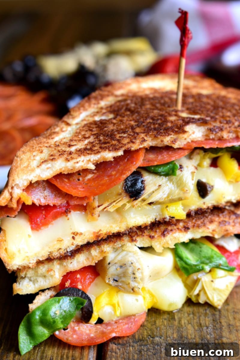Gourmet Italian Antipasto Grilled Cheese Sandwich, a creative and indulgent Friday night meal.