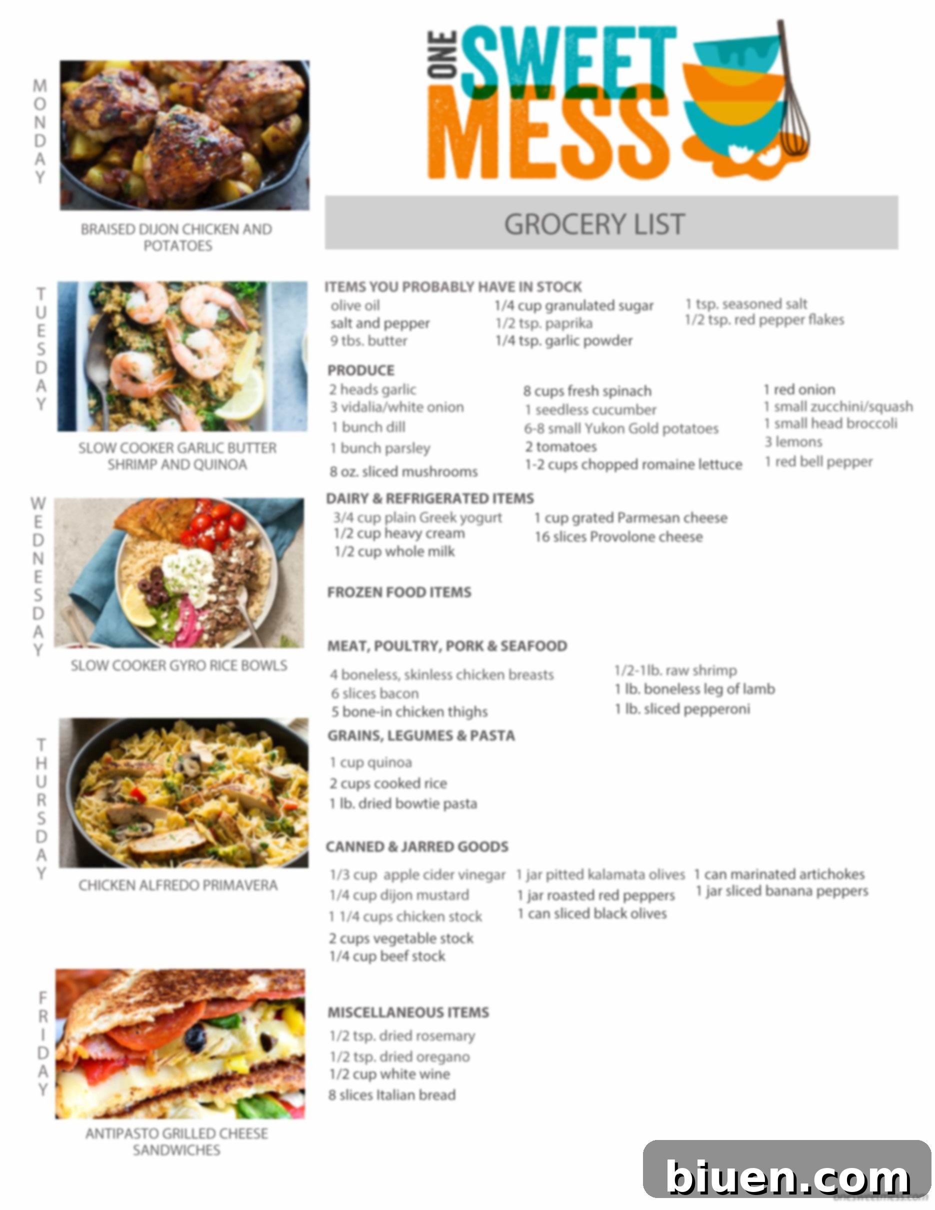 Printable Weekly Meal Plan and corresponding Grocery List for smart and organized shopping.