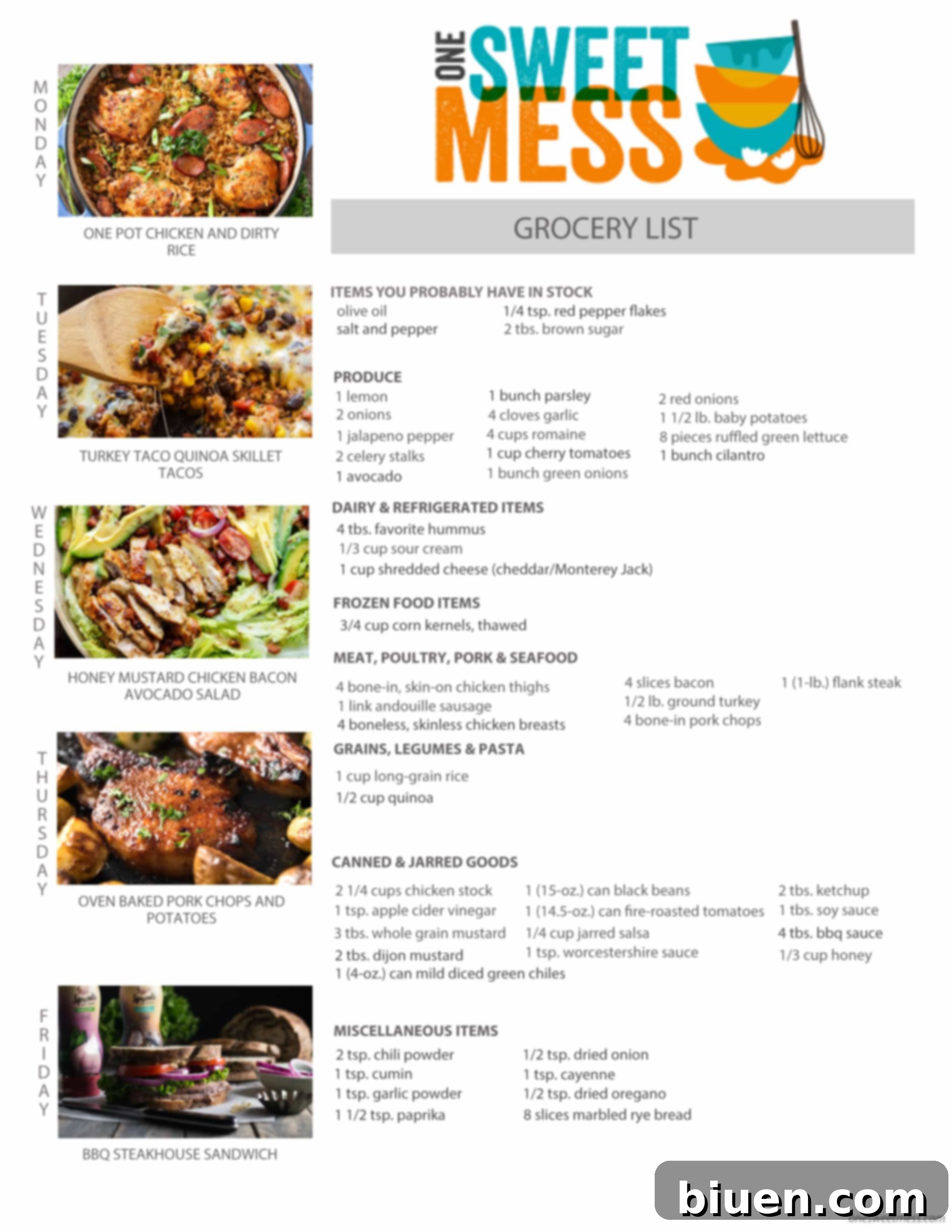 Printable Weekly Meal Plan and Grocery List for March 27th, 2017