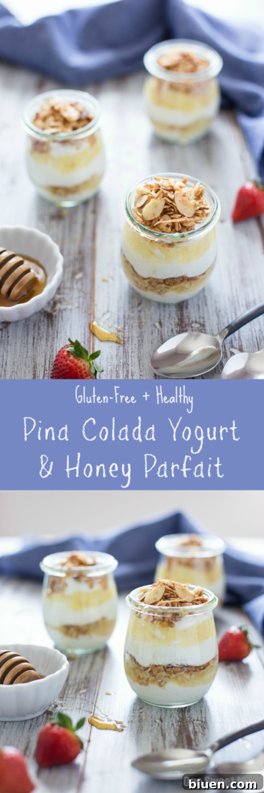 Pina Colada Yogurt and Honey Parfait: This gluten-free, healthy breakfast parfait is layered with protein-packed Greek yogurt, crunchy granola, crushed pineapple, and a drizzle of sweet honey. Pin this recipe!