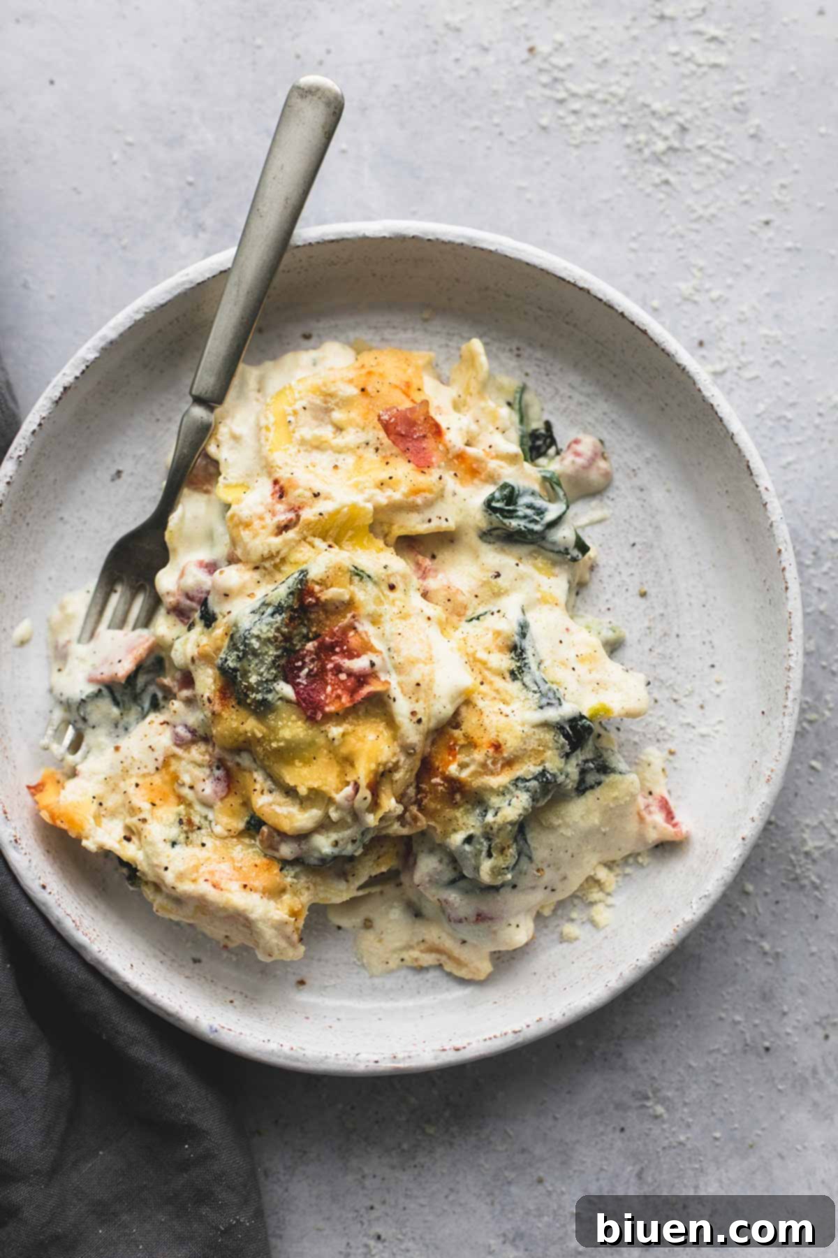 Ravioli Alfredo Bake with Spinach and Bacon