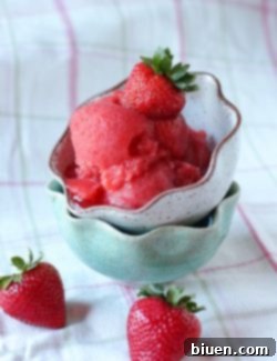 A bowl of freshly made Strawberry Pink Champagne Sorbet ready to serve