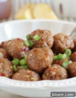Final plated Apple Cider Glazed Meatballs recipe.