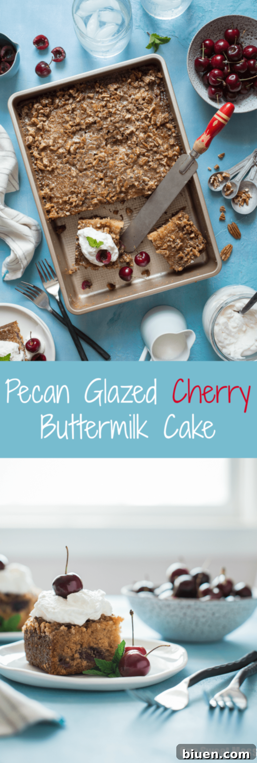 Southern Cherry Buttermilk Cake with Candied Pecan Topping 7 Pecan Glazed Cherry Buttermilk Cake: This summer-inspired cake is ultra moist with a crackly pecan glaze. This simple cake is perfect for summer entertaining.