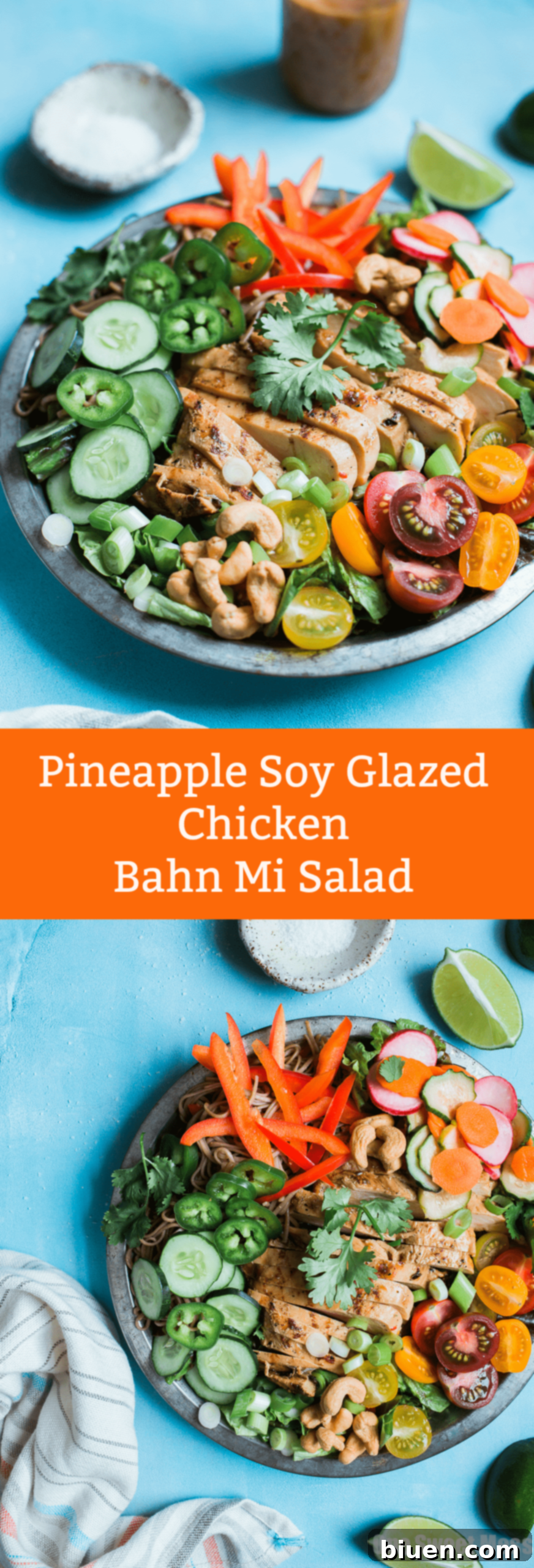 Pineapple Soy Glazed Chicken Bahn Mi Salad with Peanut Dressing - Pin to Pinterest