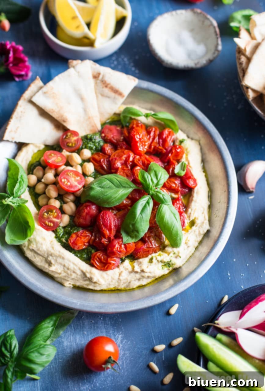 Sun-Kissed Pesto Hummus with Burst Tomatoes 3 Basil Pesto Hummus with Roasted Cherry Tomatoes